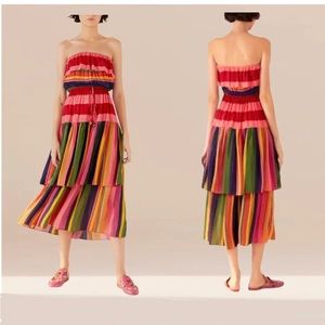 Farm Rio Mixed Striped Strapless Tiered Maxi Dress in Multi-Color Size XL
